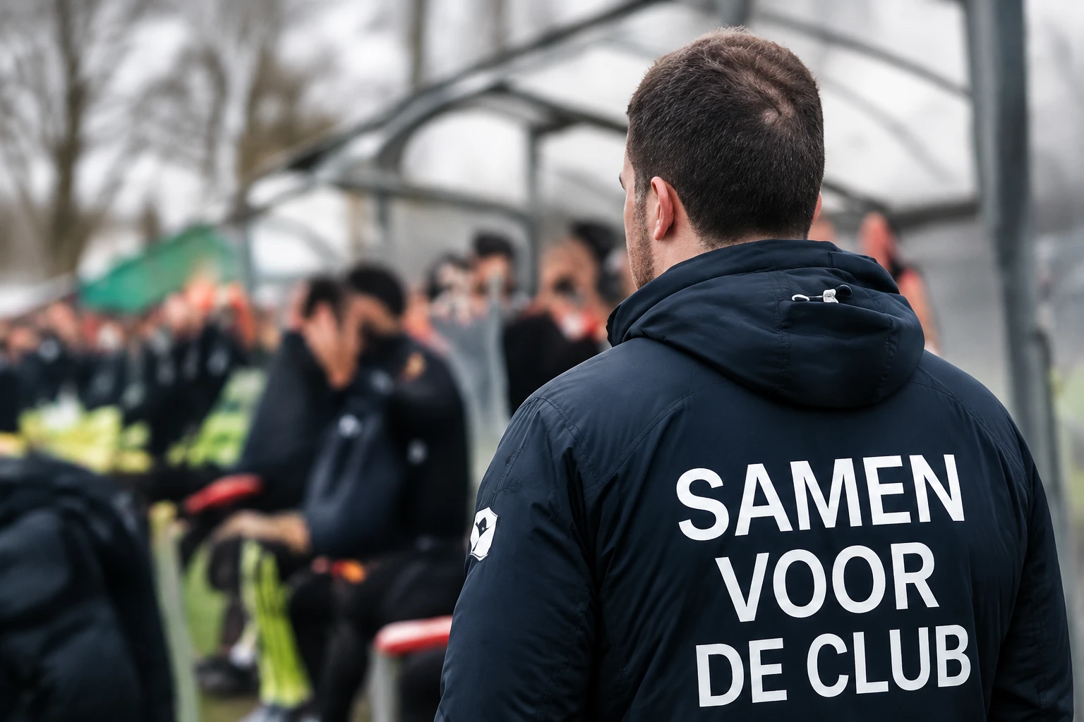 Supporter met jas met de tekst Samen voor de club, kijkend naar het veld