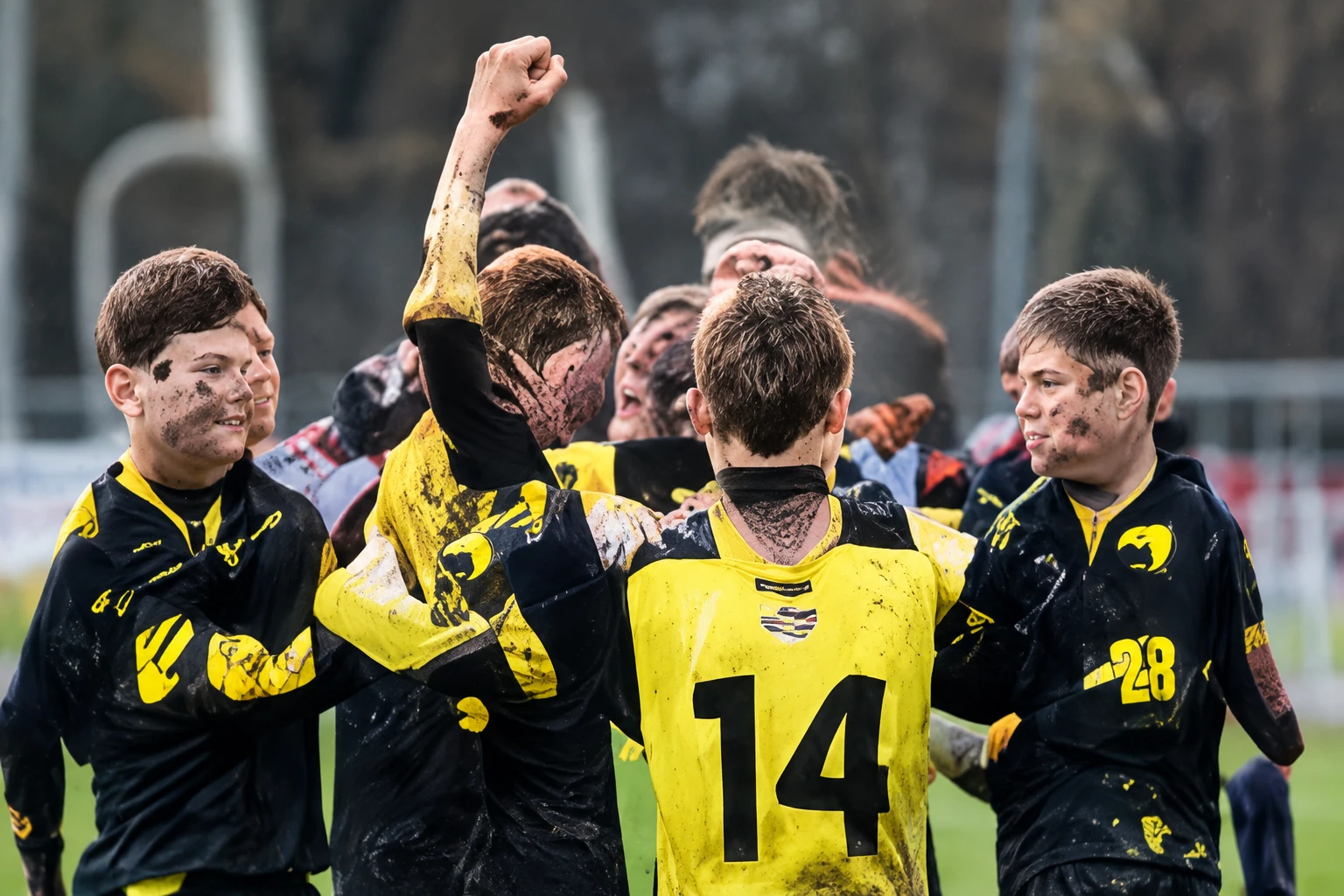 Jeugdspelers in geel-zwart vieren een doelpunt
