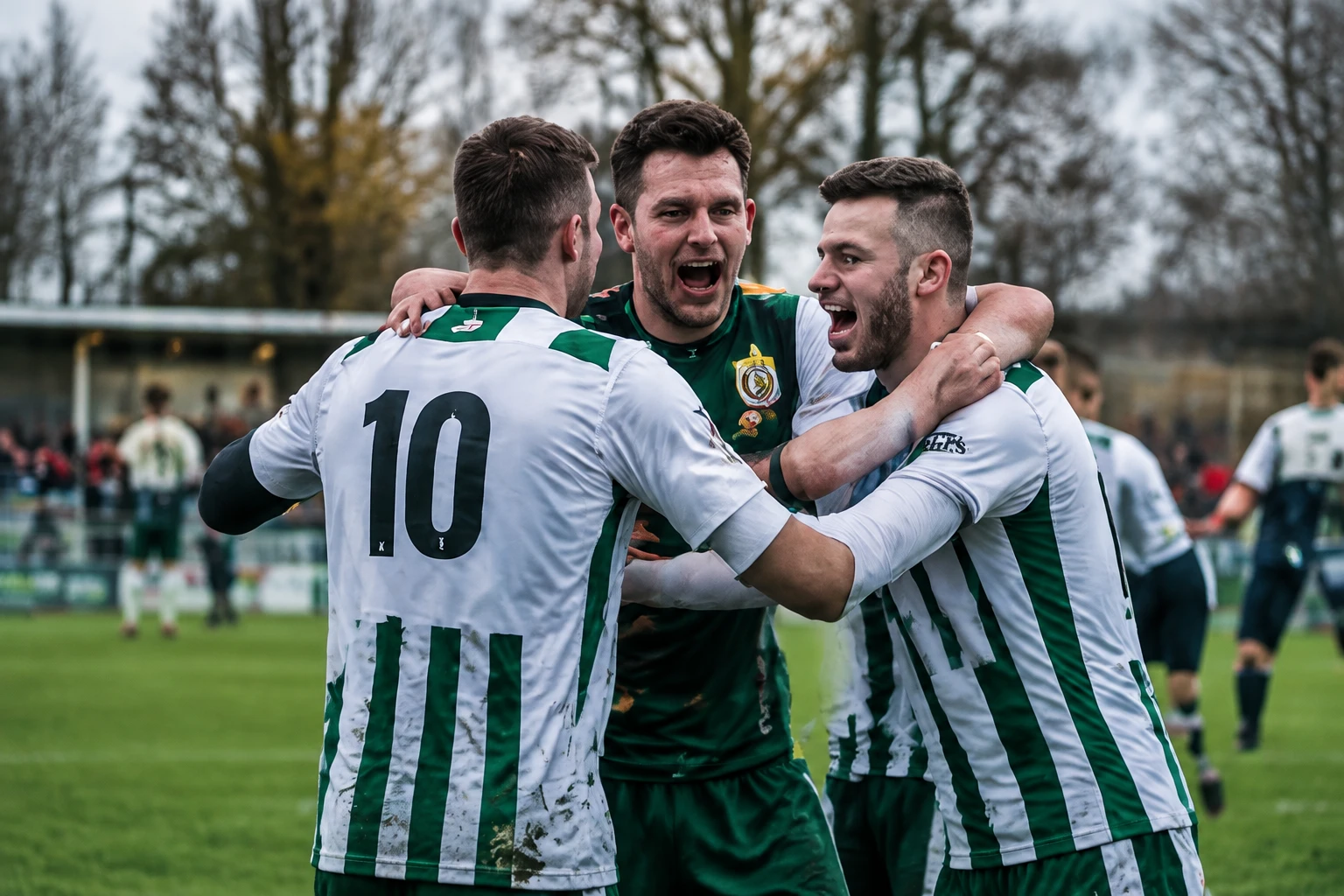 Spelers van BVC'12 vieren de winnende goal op een nat winterveld