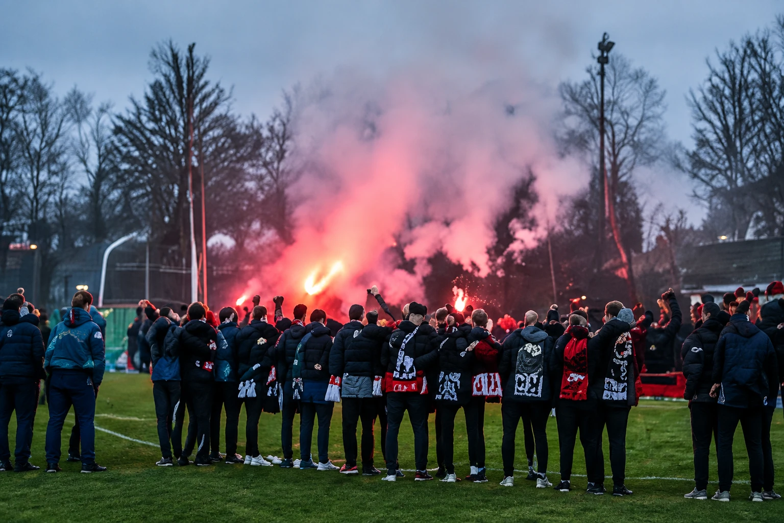 Sfeeractie met fakkel tijdens de derby onder de lampen