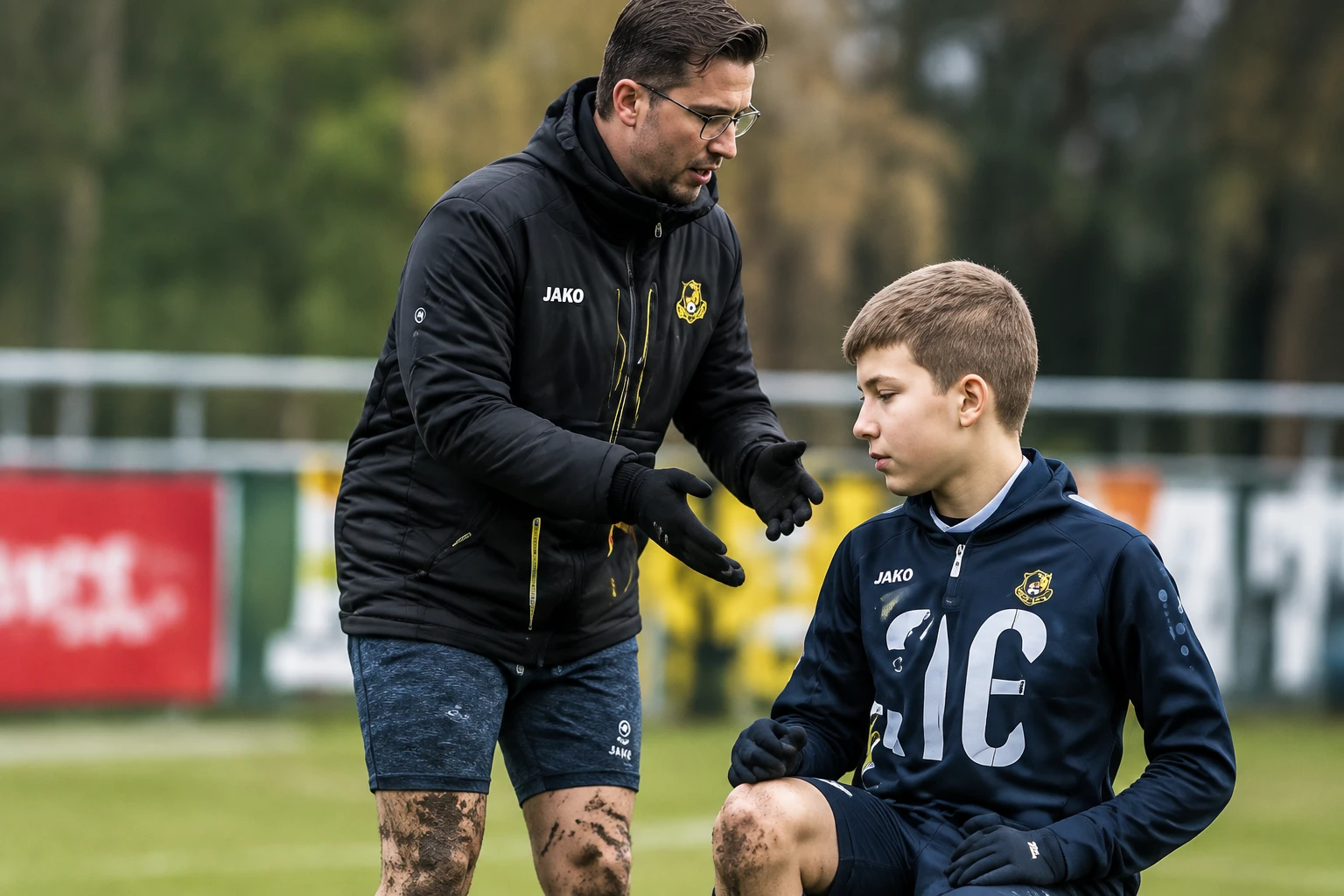 Coach in gesprek met een jeugdspeler langs de lijn