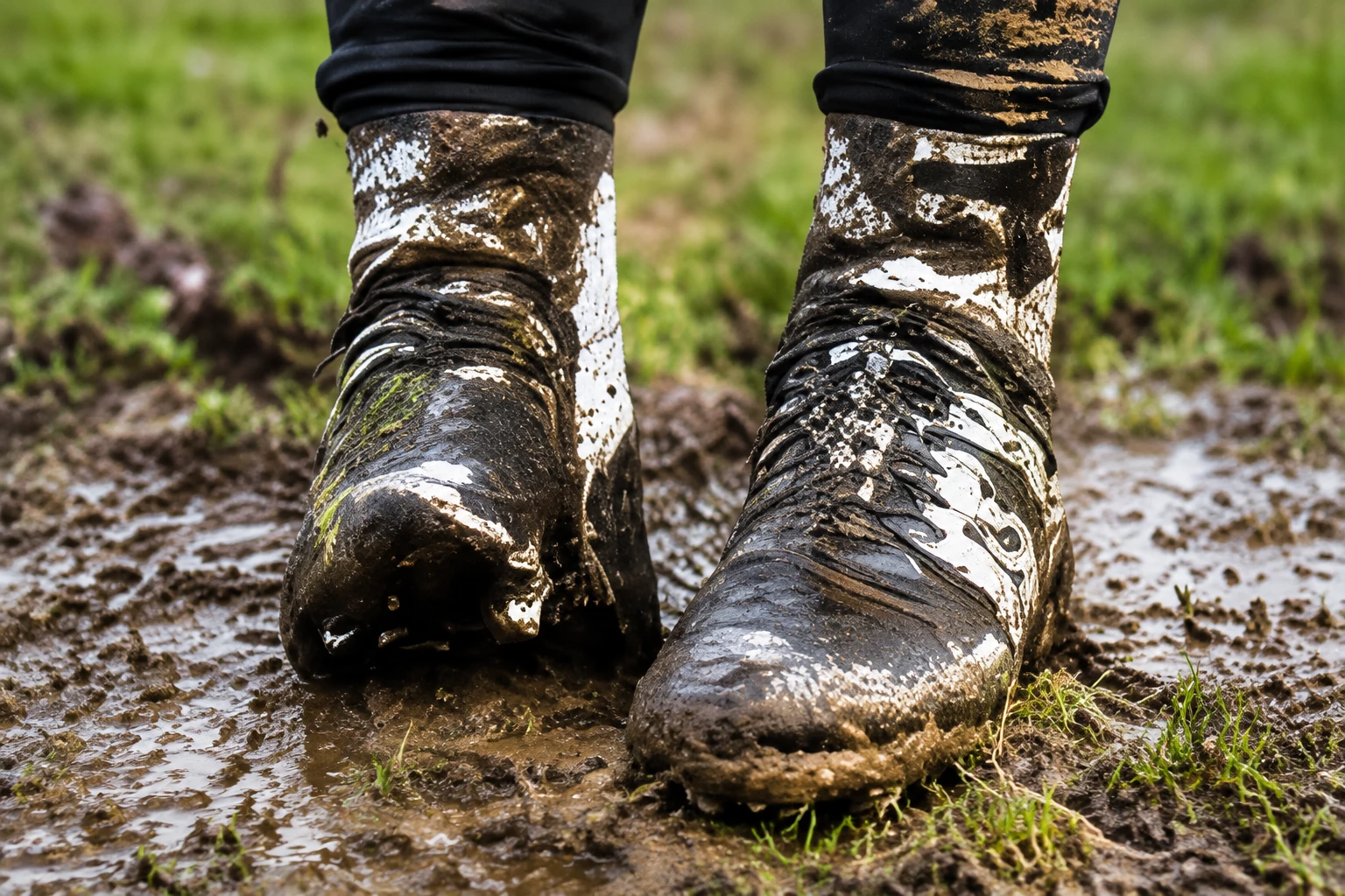 Modderige voetbalschoenen op een nat grasveld