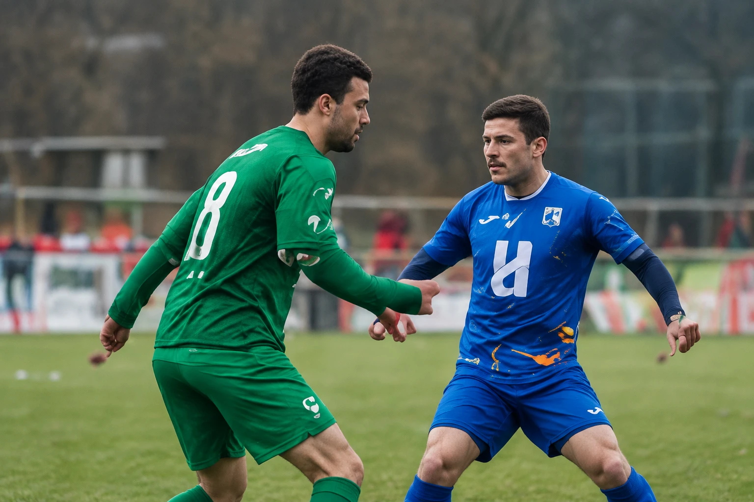 Duel tussen een groene en een blauwe speler om de bal